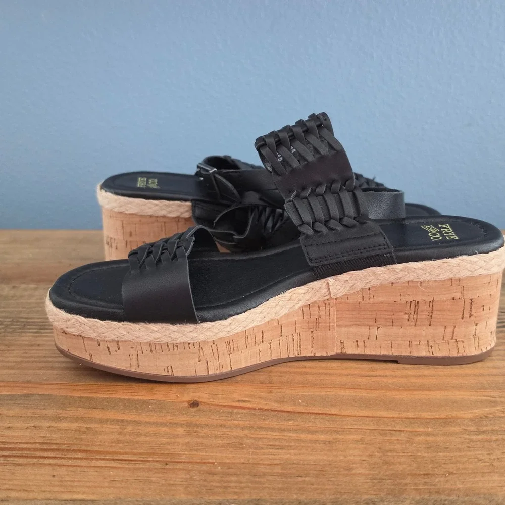 Frye and Co Womens Lavish Wedge Sandals Black‎ Woven Platform Cork 6M